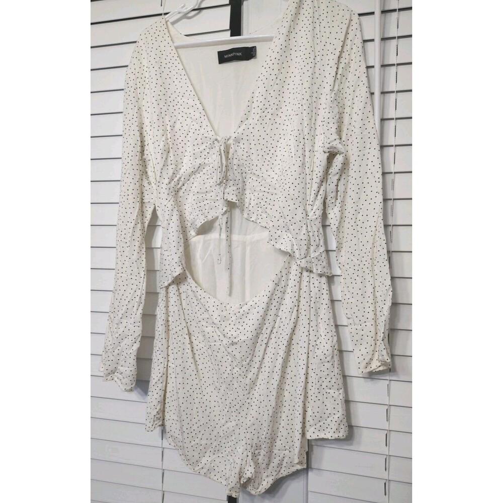 MinkPink Sz Large  Romper Surplice Long Sleeve Mini Dress Off White W/Polka Dots